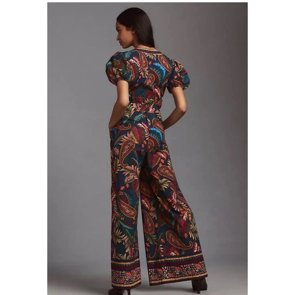 New Farm Rio x Anthropologie Puff-Sleeve Printed Jumpsuit Navy L $248 NWT - Picture 3 of 4